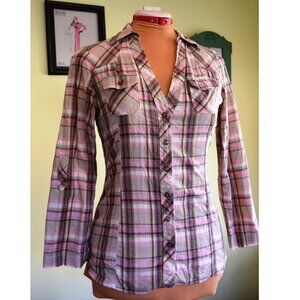 "Passport" Pink and Brown Western Style Cotton Blouse Size M